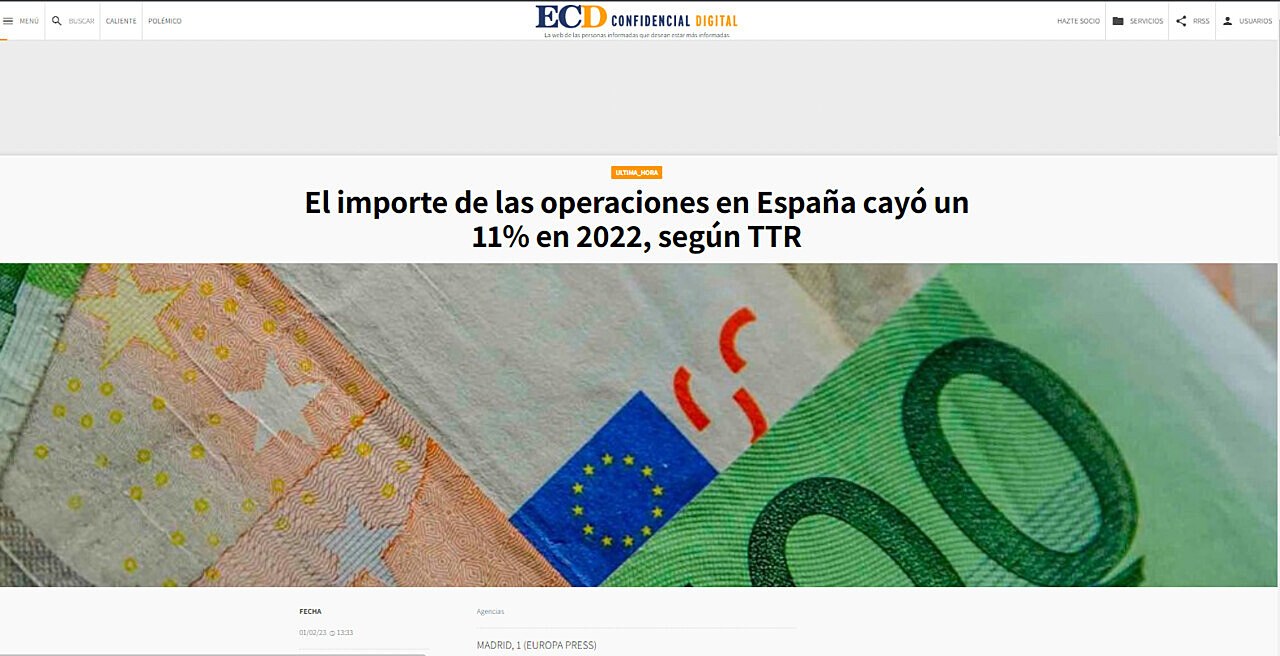 El importe de las operaciones en Espaa cay un 11% en 2022, segn TTR